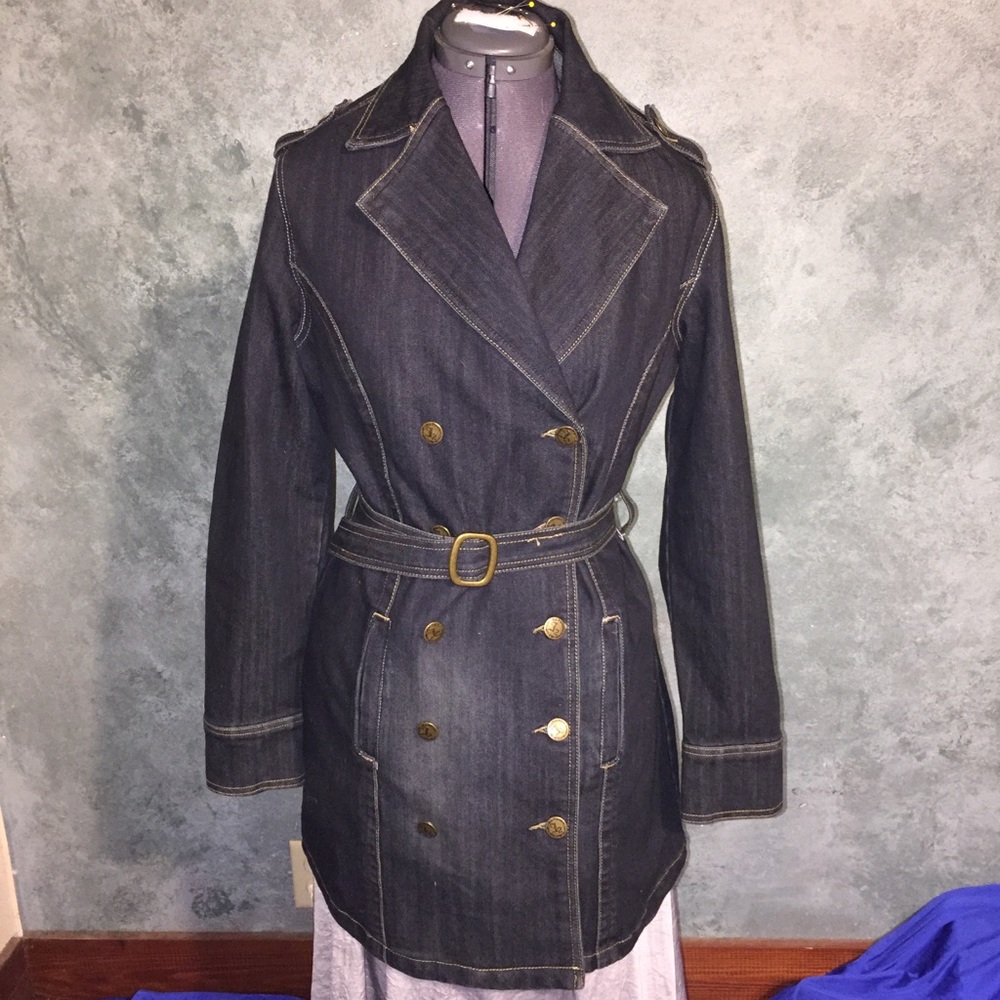 Double breasted, trench style denim coat